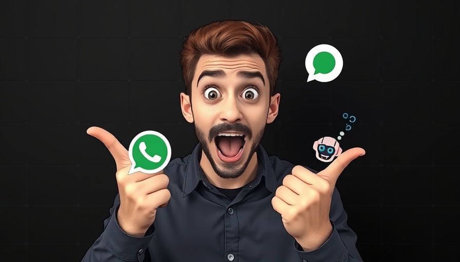 Excited man pointing at WhatsApp AI bot icons, Cartoon Style.