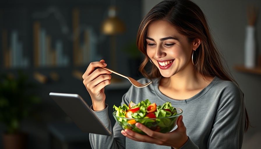 Smiling woman enjoying salad, digital tablet showing graphs, best CRMs for restaurant businesses in 2025.