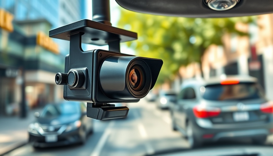 High-tech side-view camera on fleet vehicle in urban street.