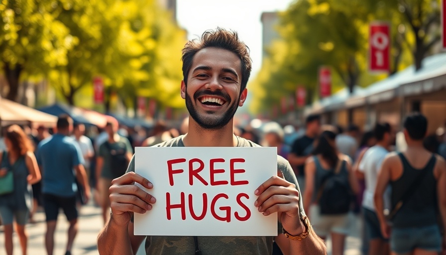 Smiling man offering free hugs at a sunny city festival, OCD Treatment.