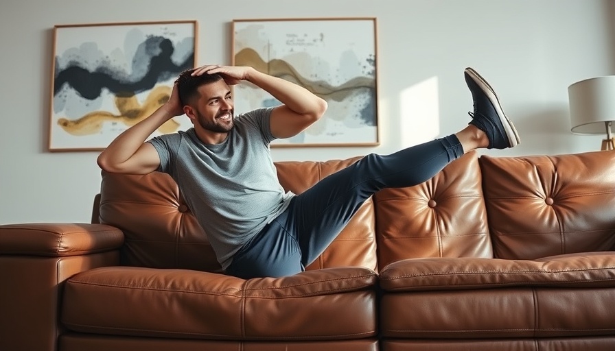 Man exercising on couch for health and wellness in a modern living room.