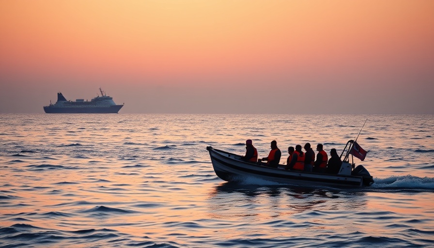 Migrants in life jackets crossing British waters at sunrise.