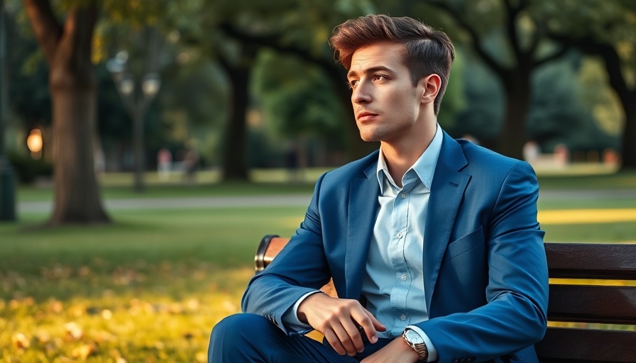 Young man in blue suit sitting pensively on a park bench, introspective mood.