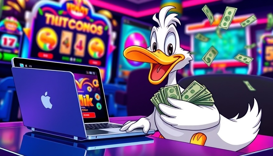 Cartoon duck with money near gaming laptop, online gaming impact.