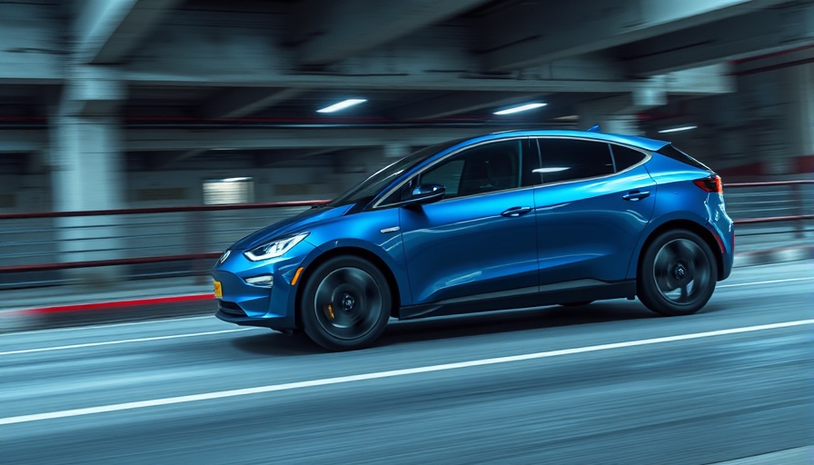 High-performance electric vehicle speeding in urban setting.