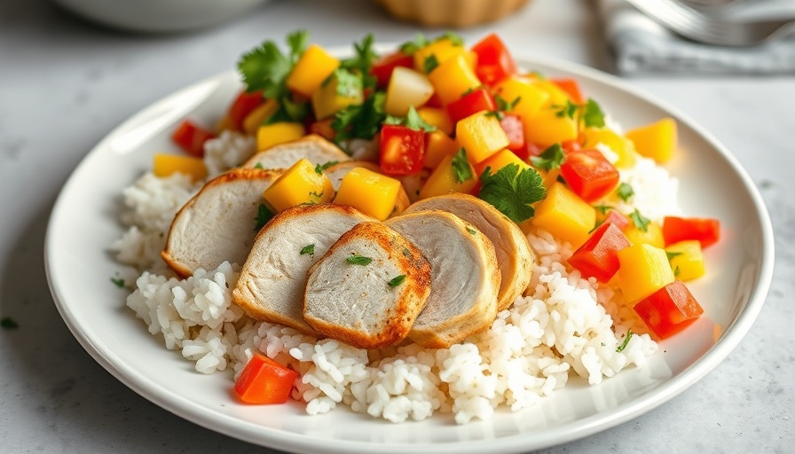 Delicious Cilantro Lime Chicken with Mango Salsa on a white plate.