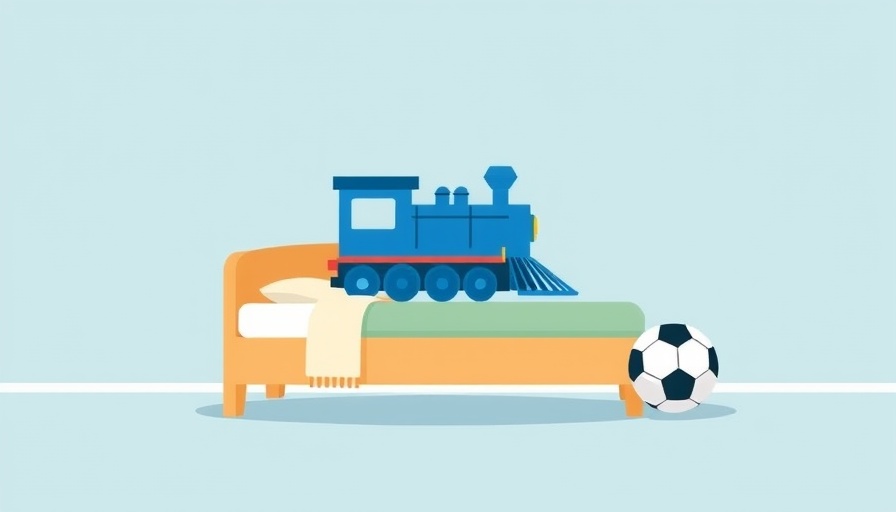 Minimalist cartoon of childproof bedroom with train and ball.