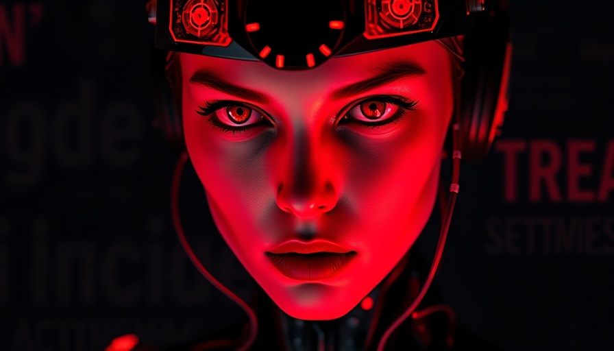 Futuristic female cyborg with red circuitry on dark background.