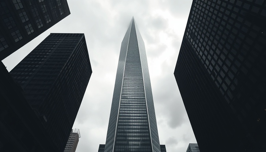 Towering skyscraper with dramatic perspective against cloudy sky.