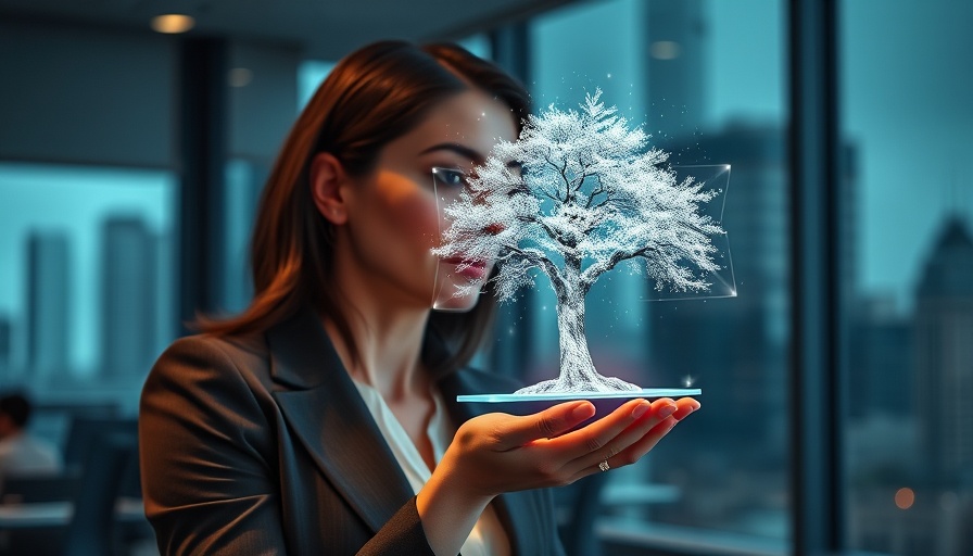 Businesswoman envisioning brand future, holding holographic tree.