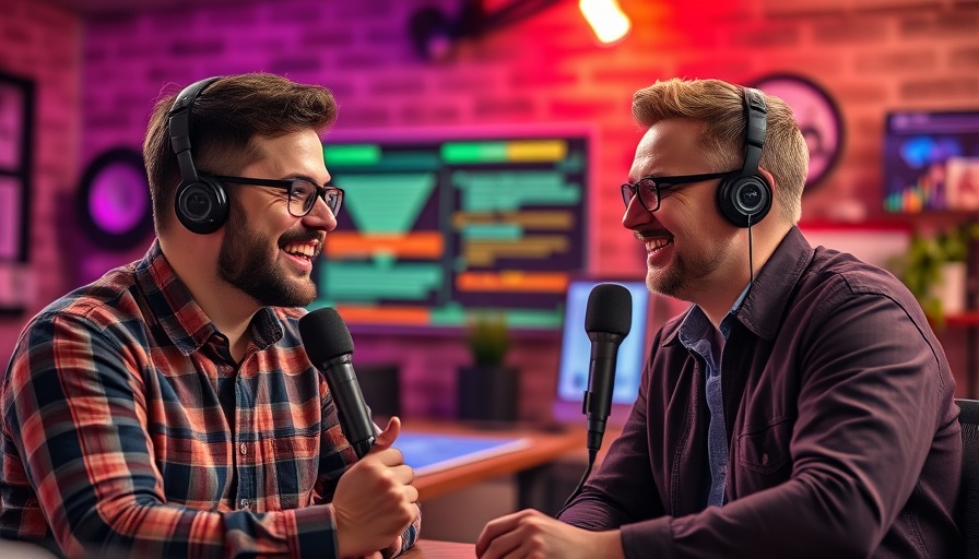 Podcasters discussing content marketing strategies in a vibrant studio.