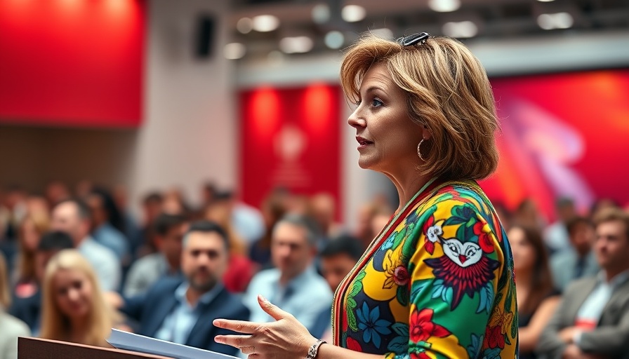 Professional woman speaking at a conference, drawing inspiration from literature.