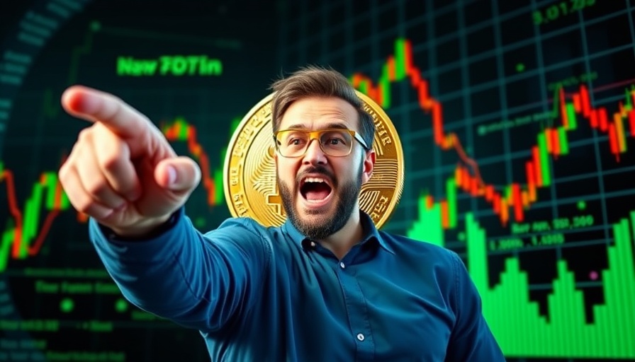 Crypto trading guide for beginners with man and Bitcoin graphic.