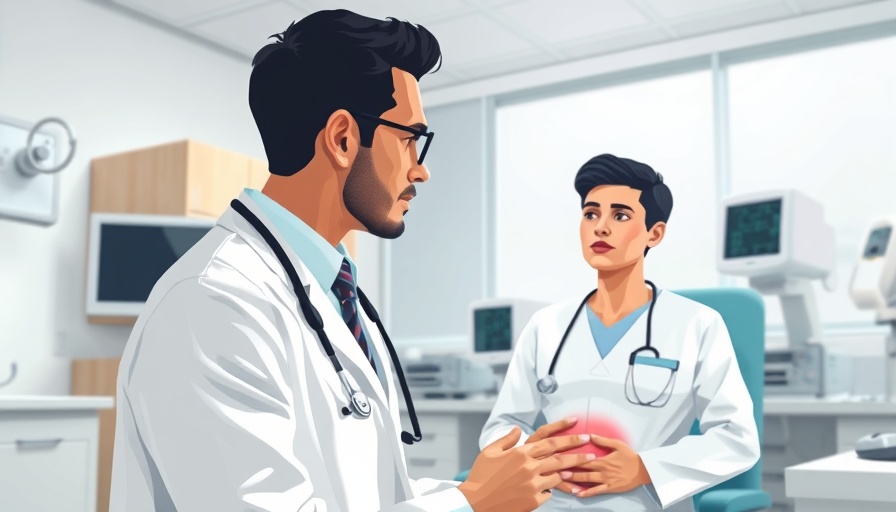 Doctor examining patient for treatment of enlargement of the abdomen in a modern medical office.