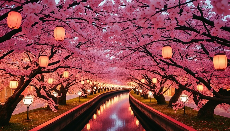 Cherry blossoms over Japan canal at night, lanterns illuminating.
