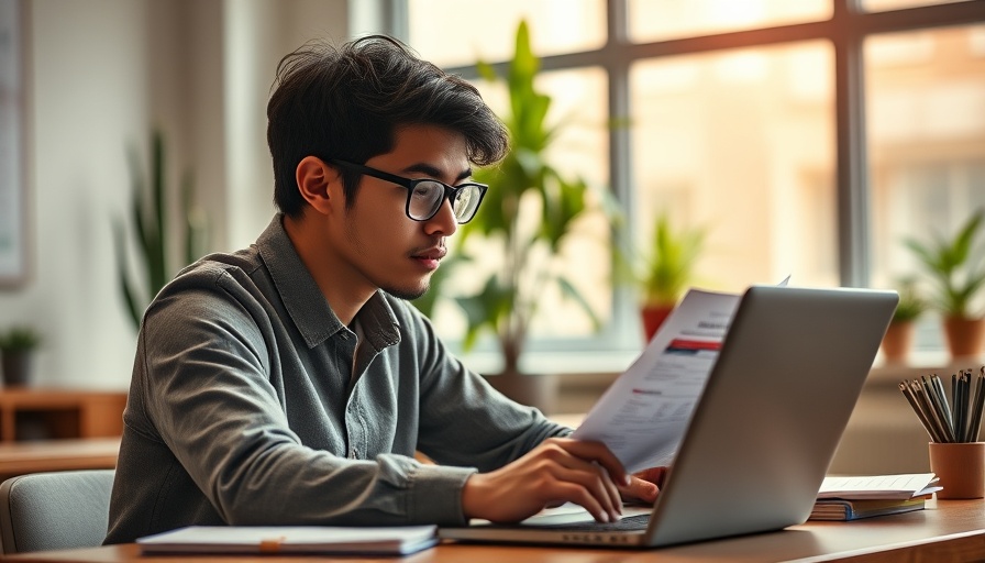 Student managing education finances on laptop in modern classroom.