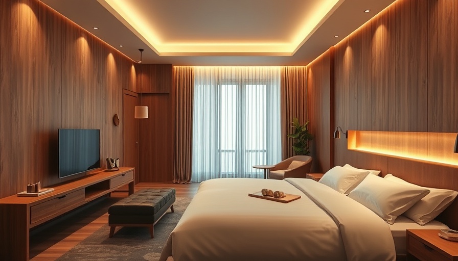 Modern hotel room promoting sleep hygiene with ambient lighting.