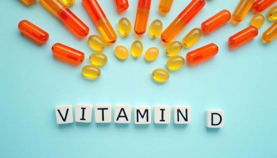 Vitamin D capsules and letter cubes arranged on blue background highlighting benefits during COVID-19.