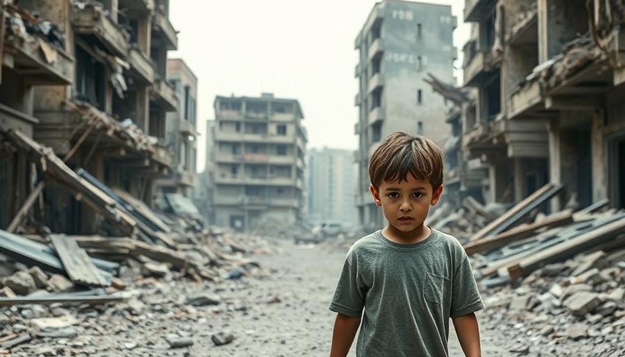 Boy in damaged Israel-Palestine conflict zone.