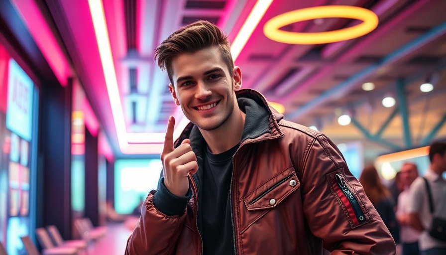 Casual young man winking at a stylish indoor event.