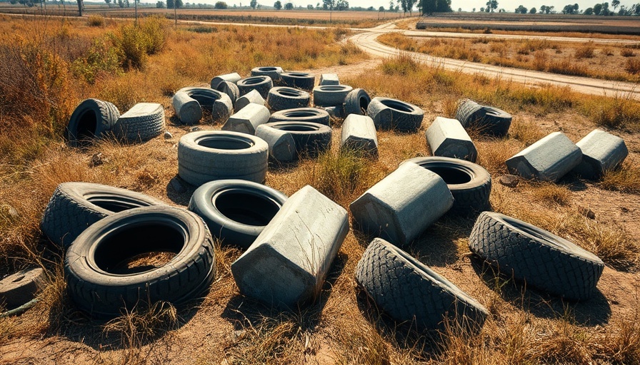 Concrete blocks and tires in a field under a clear sky.