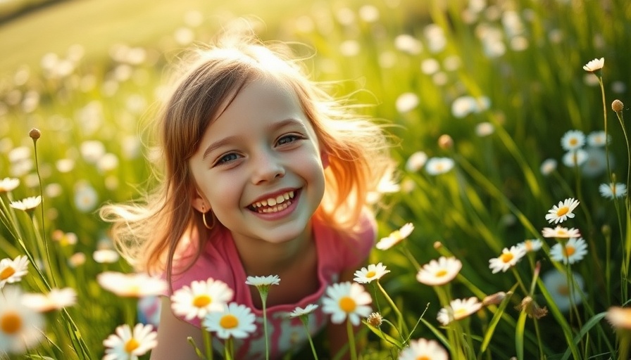 Young girl joyfully exploring a sunny field of daisies.