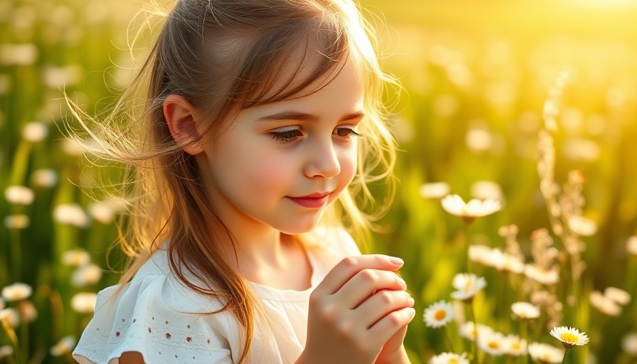 Young girl picking flowers in sunlit field, symbolizing peace and recovery.