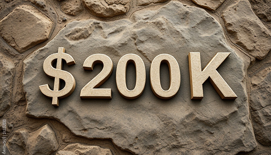 Bitcoin price prediction text $200K on stone background.