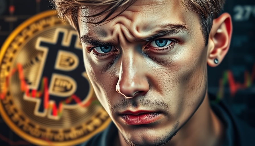 Concerned young man with Bitcoin price chart and symbol in background.
