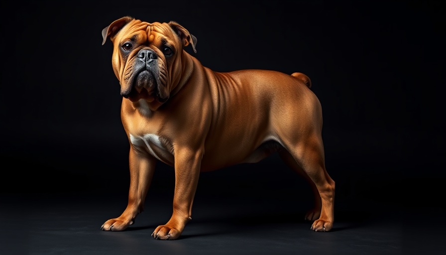 Majestic brown bulldog standing confidently, photorealistic image.