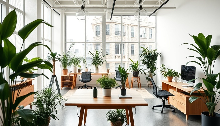 Modern office space with sustainable design elements and greenery.