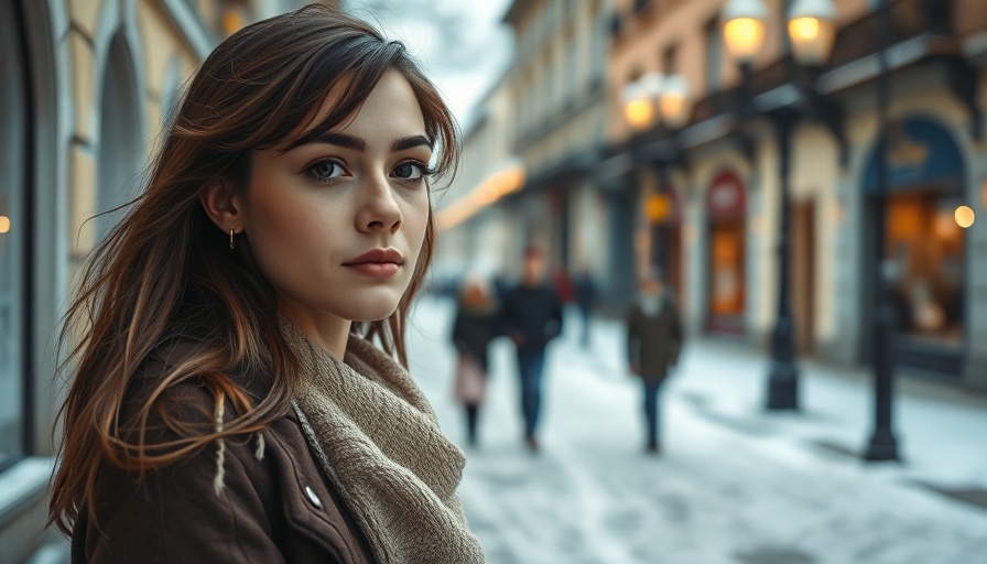 Young woman outdoors in winter street reflecting on jealousy and mental health.