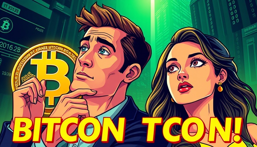 Digital illustration of Bitcoin adoption trends with thoughtful duo and Bitcoin symbol.