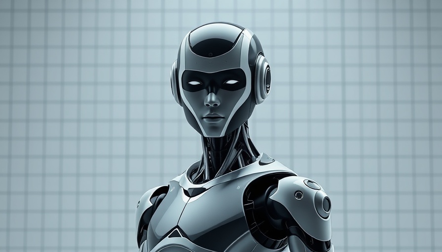 AI in SEO futuristic humanoid robot with grid background.