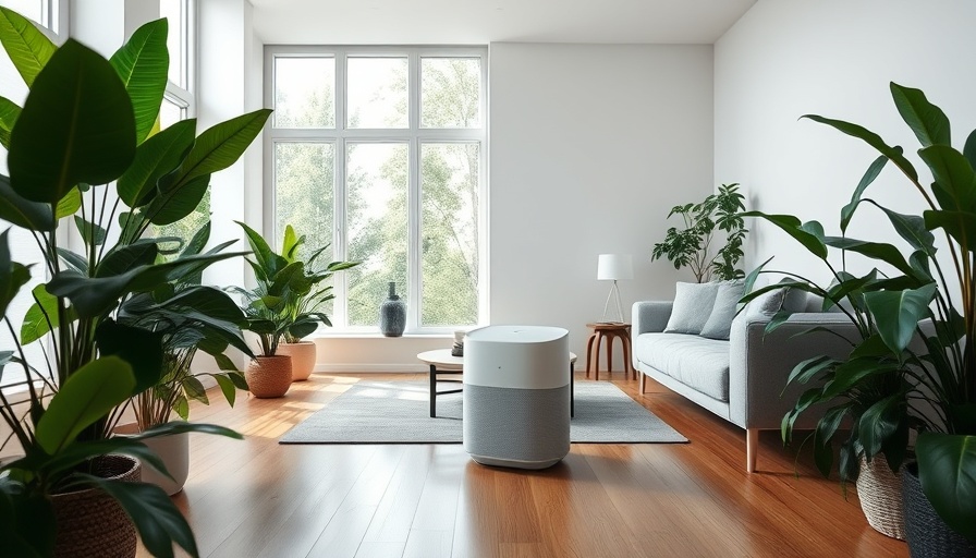Modern living room with air purifier and plants improving indoor air quality.