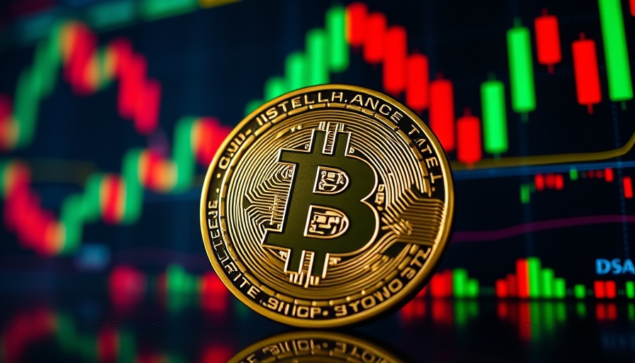 Bitcoin coin with stock chart background questioning fiat system stability.