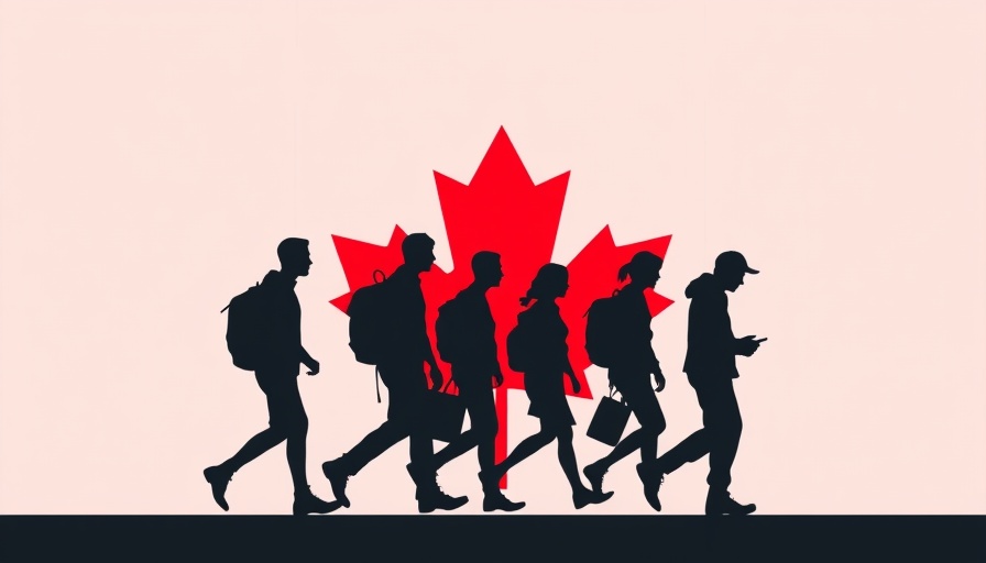 Symbolic silhouettes against Canadian flag representing migration.