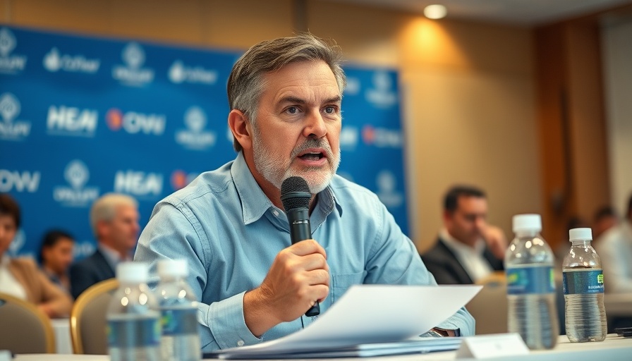 South African politics: Man speaking at a conference, blue backdrop