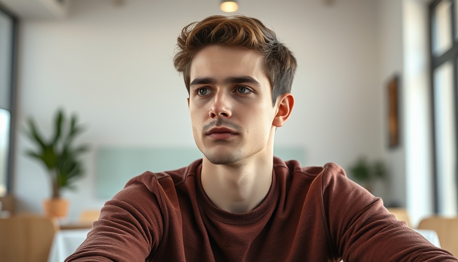 Young man indoors discussing Bitcoin trade, modern interior.
