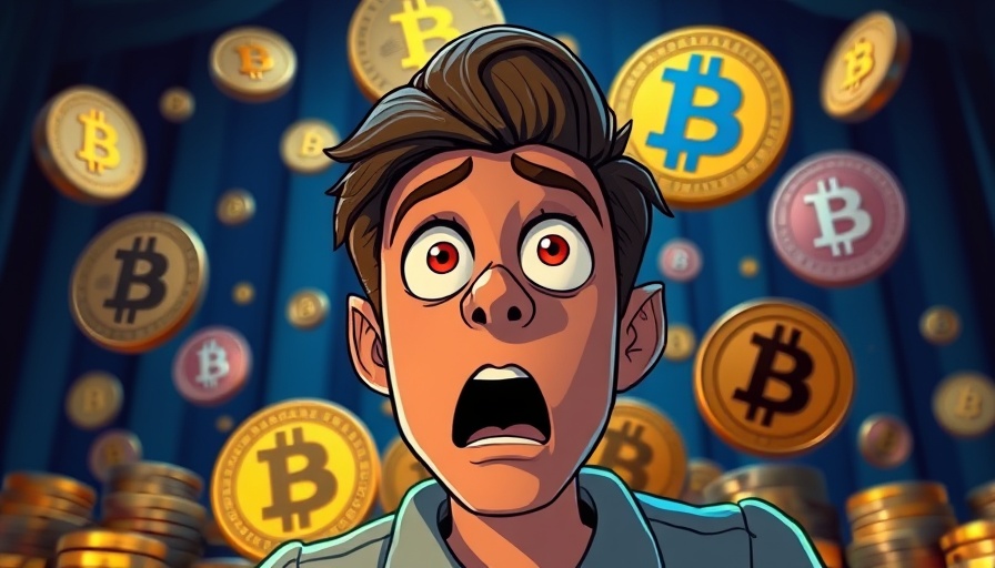 Shocked person reacting to Bitcoin price increase with vibrant coin symbols.