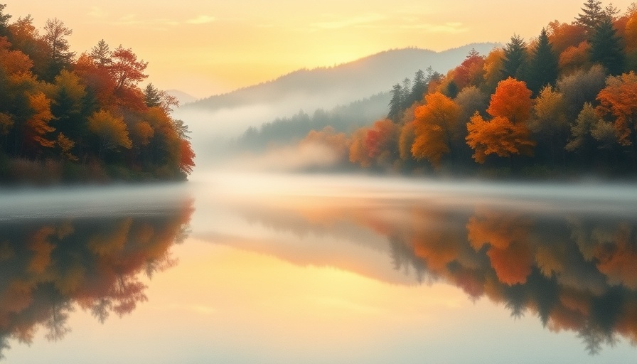 Serene landscape with autumn trees reflecting in a lake under a misty sunrise.
