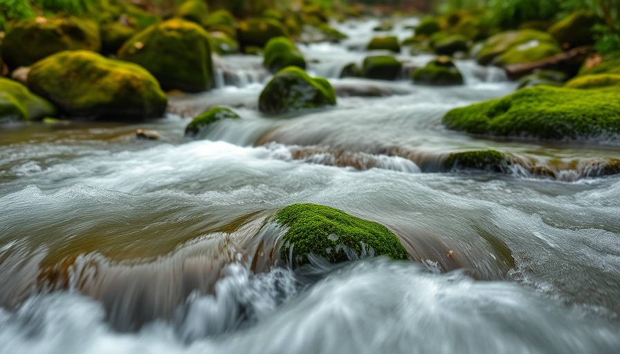 Soothing flowing stream amidst mossy rocks and greenery.