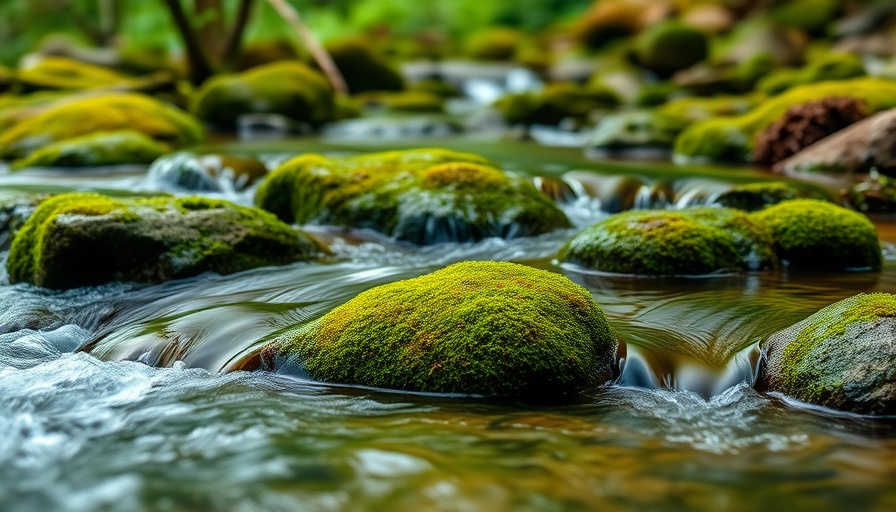 Serene stream flowing over rocks, promoting mindfulness and mental health.