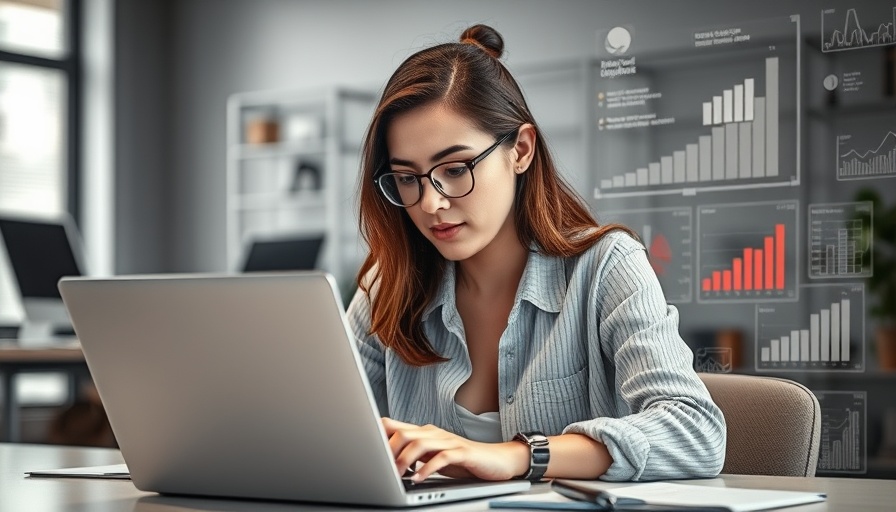 Focused young woman using AI tools for Excel, working on a laptop