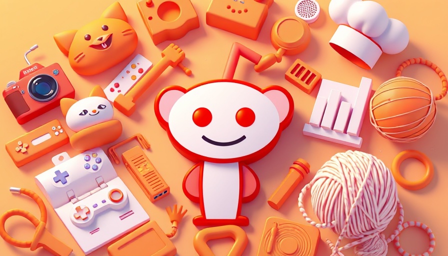 Playful Reddit illustration with various orange 3D objects.