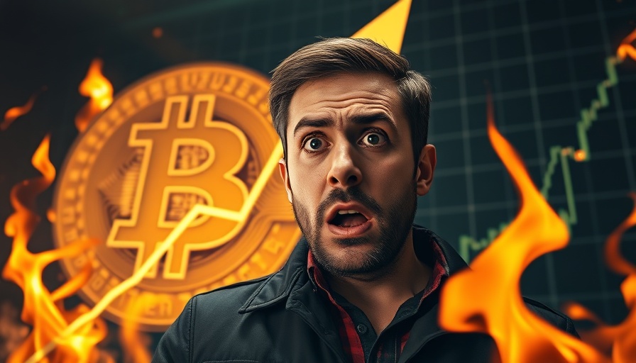 Anxious man observing Bitcoin price spike with flames in the background.