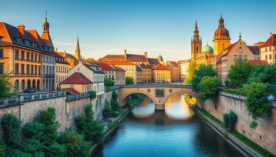 Scenic European cityscape with iconic stone bridge over river.