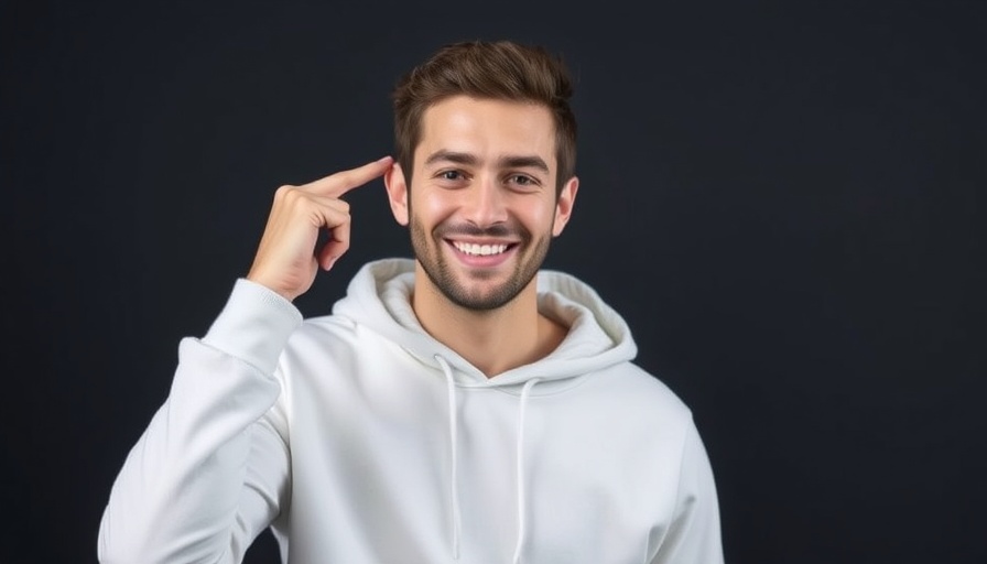Man in hoodie promoting OCD awareness, pointing at head.
