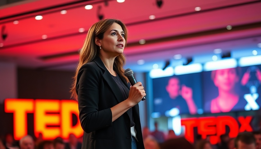 Young woman speaking on stage, addressing millennial midlife crisis.