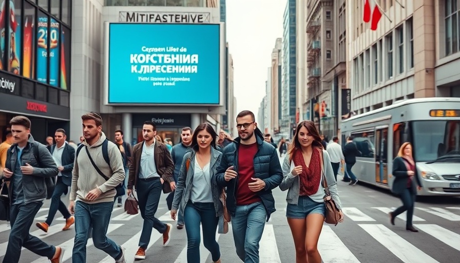 Pedestrians crossing street with Russian text billboard, urban setting.